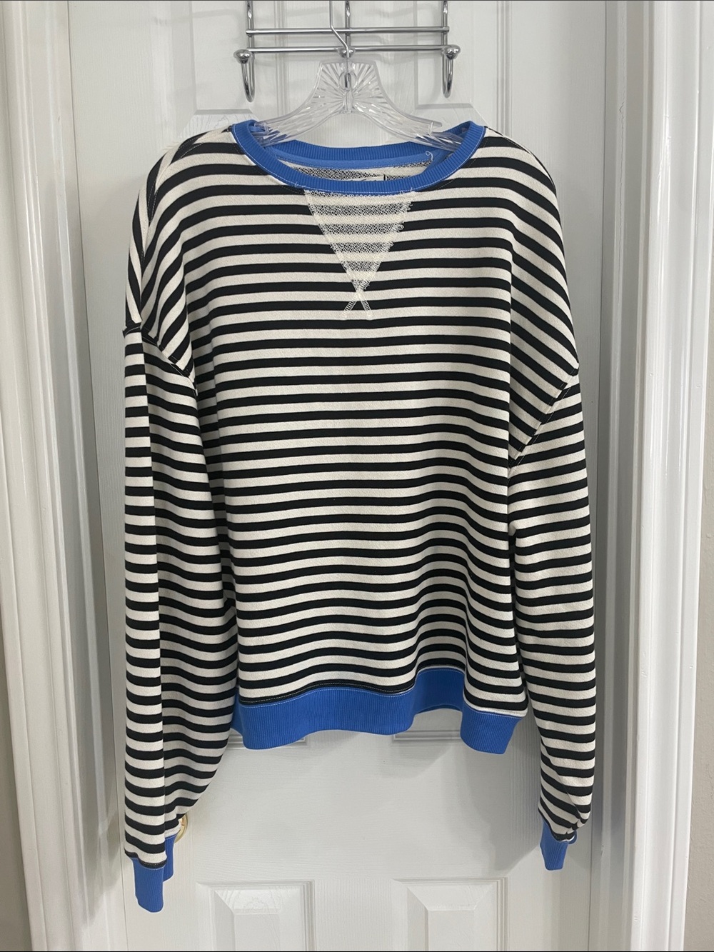 Free People Classic Black & White Stripe Crewneck Sweatshirt with Blue Trim XS